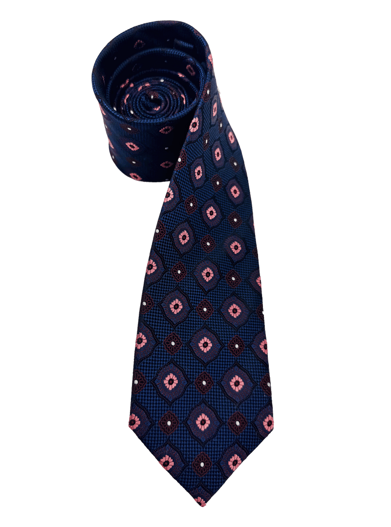 Navy Pink Tile Print Silk Tie